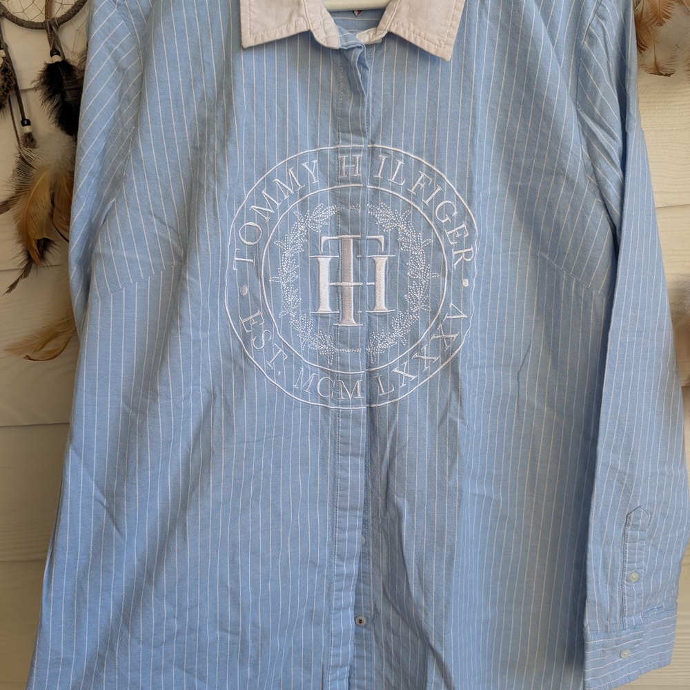 TOMMY HILFIGER Blue Striped Embroidered Logo Cotton Shirt - Picture 6 of 8